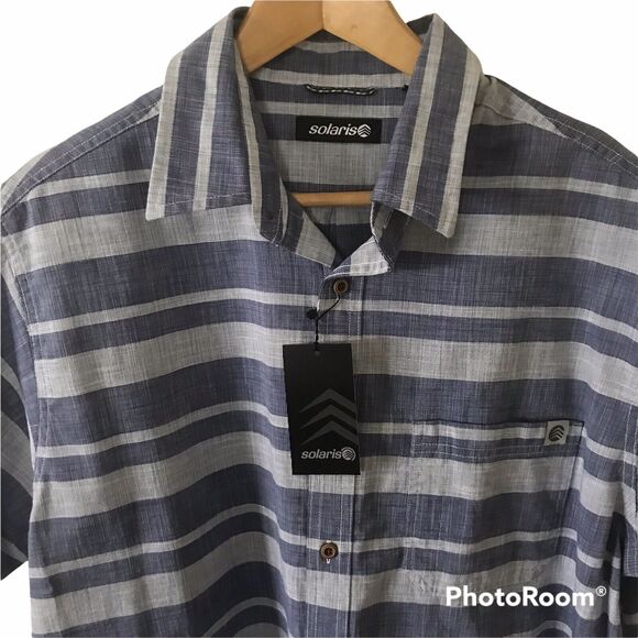 Solaris Shirt Short Sleeve Button Up Woven Stripe Shirt Mens Large Blue Outdoors - Picture 3 of 5
